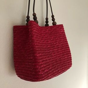 Rare! Red Square Woven Straw Purse w Brown strap